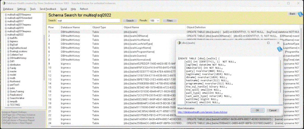 database health monitor schema search