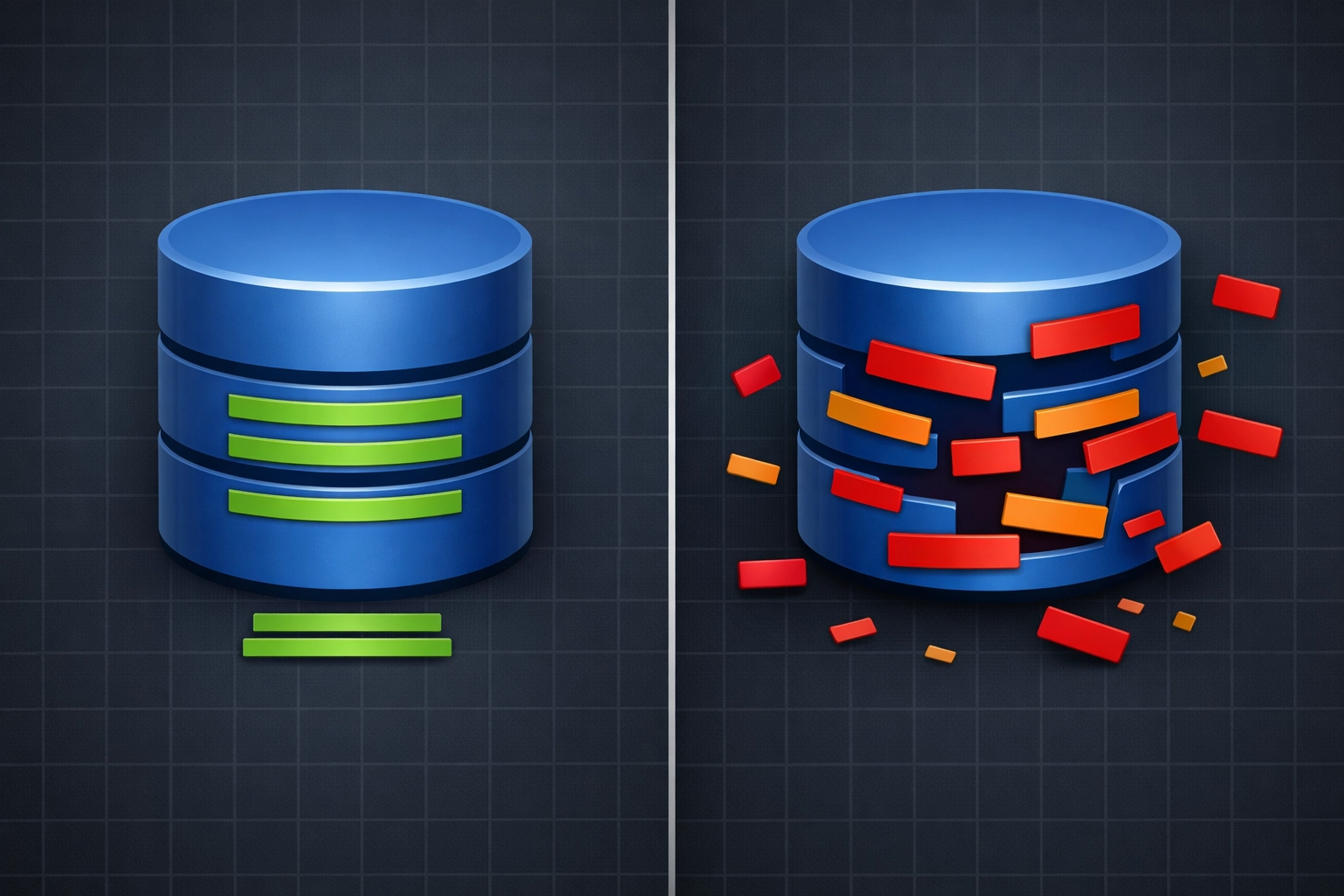 Comparison of synchronized database versus out-of-sync database with missing and corrupted data