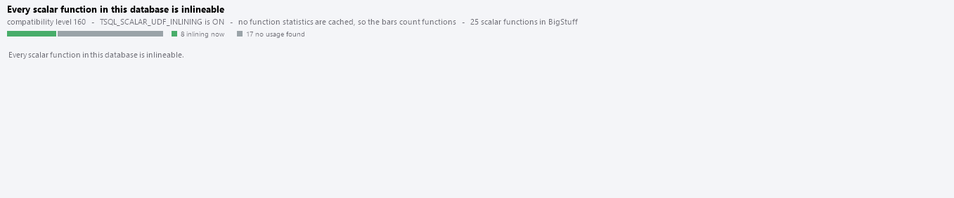 The scalar UDF inlining blocker matrix, with one row per reason a function fails to inline and one column per combination of reasons present in the database.