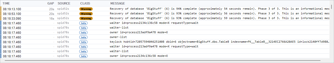 The grid of log entries with a colored class stripe on each row and a Gap column showing time since the previous row