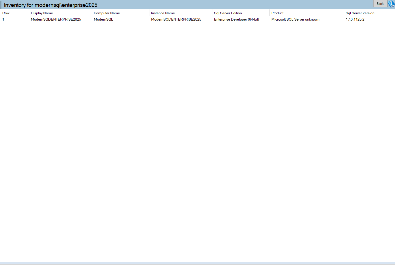 The Inventory report page showing SQL Server patch level for each instance as one row, with a red build number on the instance that is behind