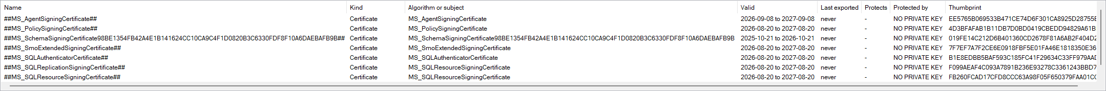 The grid view listing each certificate and key in master with columns for last exported, protects, protected by and thumbprint