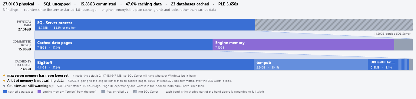 The Ladder view: three stacked bands showing physical RAM, what SQL Server has committed, and the buffer pool split across databases