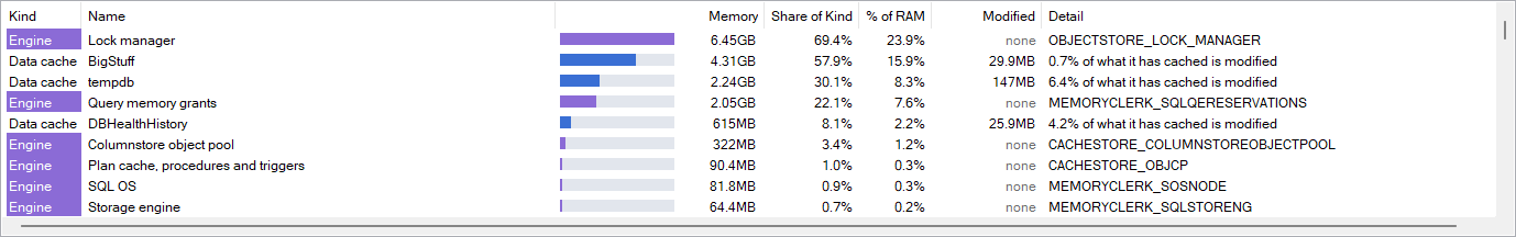 The Memory grid with one row per consumer, listing databases as Data cache and memory clerks as Engine rows tinted apart, with columns for memory, share of kind, percent of RAM and modified