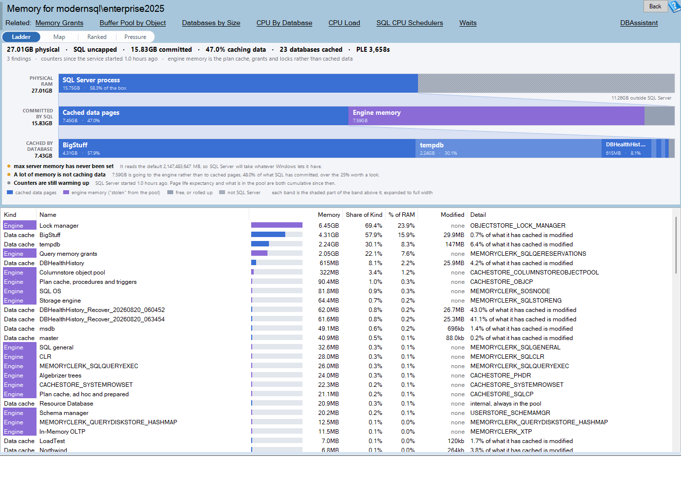 The Memory report page in Database Health Monitor, showing three nested horizontal bands for machine RAM, memory committed by SQL Server and cached data by database, with a line of findings underneath